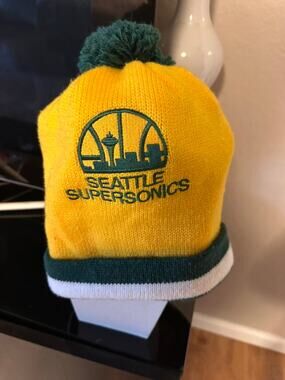 Mitchell & Ness Seattle SuperSonics Knit Pom Beanie Hat Yellow Green NBA